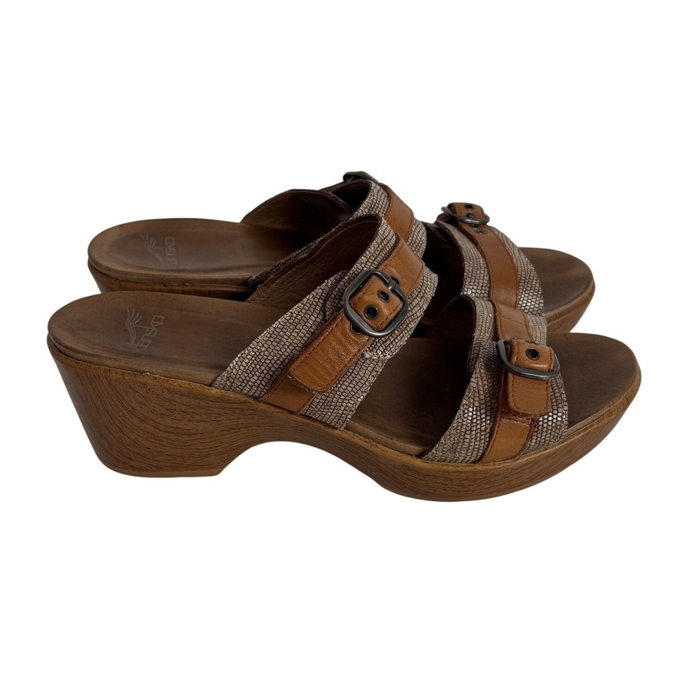 Dansko Women 39 Brown Snake Print Leather‎ Buckle Platform Wedge Slide Sandals
